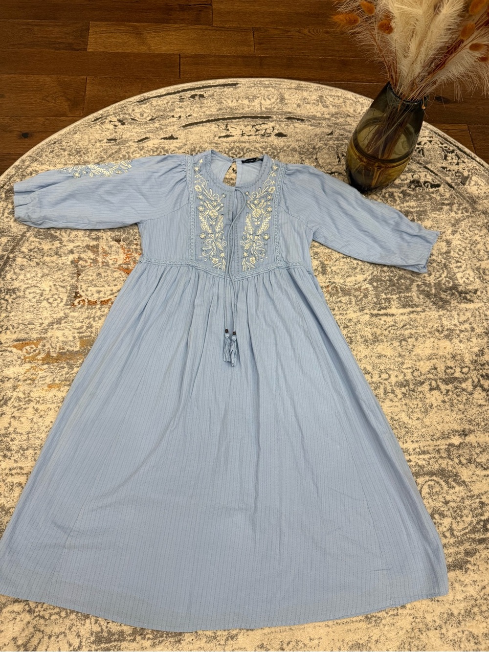 Black Tape_ Light Blue Embroidered Midi Dress